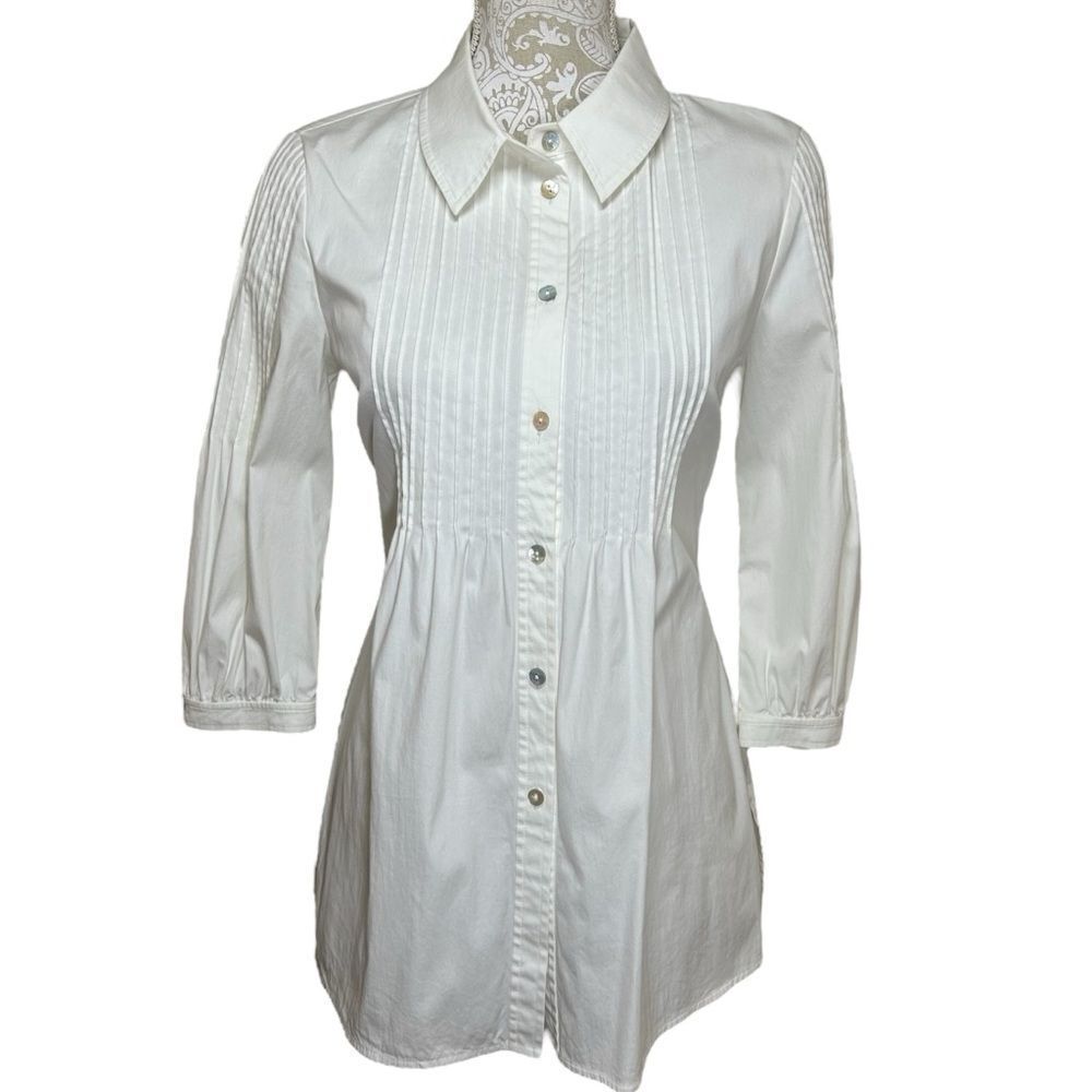 St. John White Button-Down Pintuck Tunic Shirt